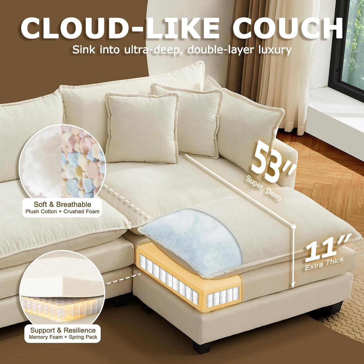 113" Modular Sectional Sofa, L Shaped Cloud Couch with Ottoman