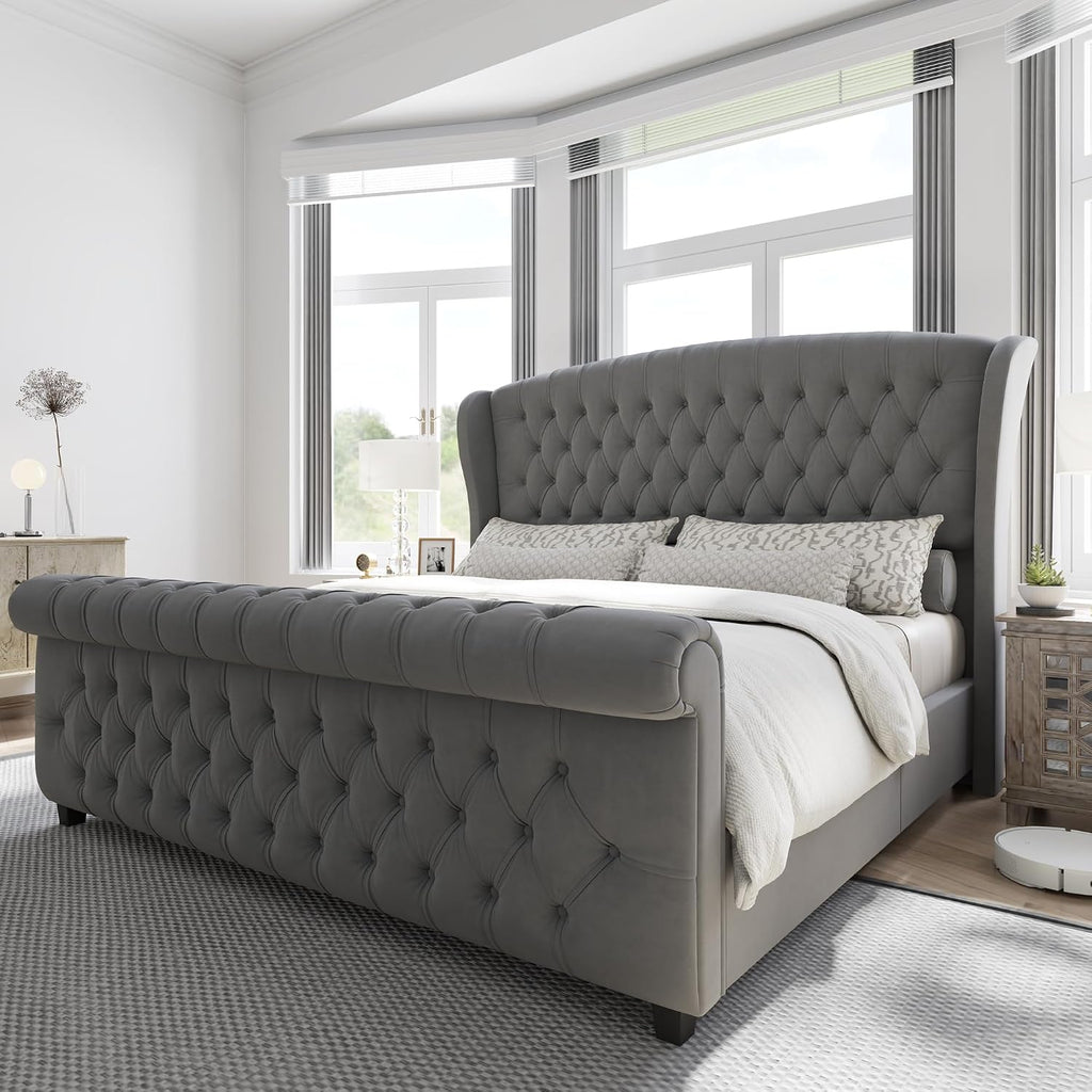 Queen Size Upholstered Sleigh Bed Frame with Wingback Headboard