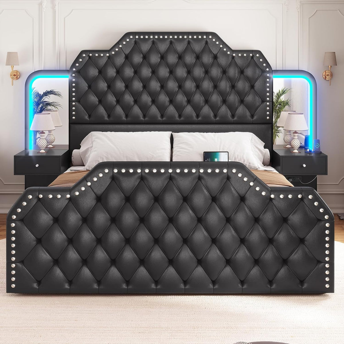 Queen Bed Frame with 53" Tall Headboard and 4 Storage Drawers, PU Leather Upholstered Platform Bed Frame, Built in Charging Station & Led, 2 Nightstands with Mirror, Black