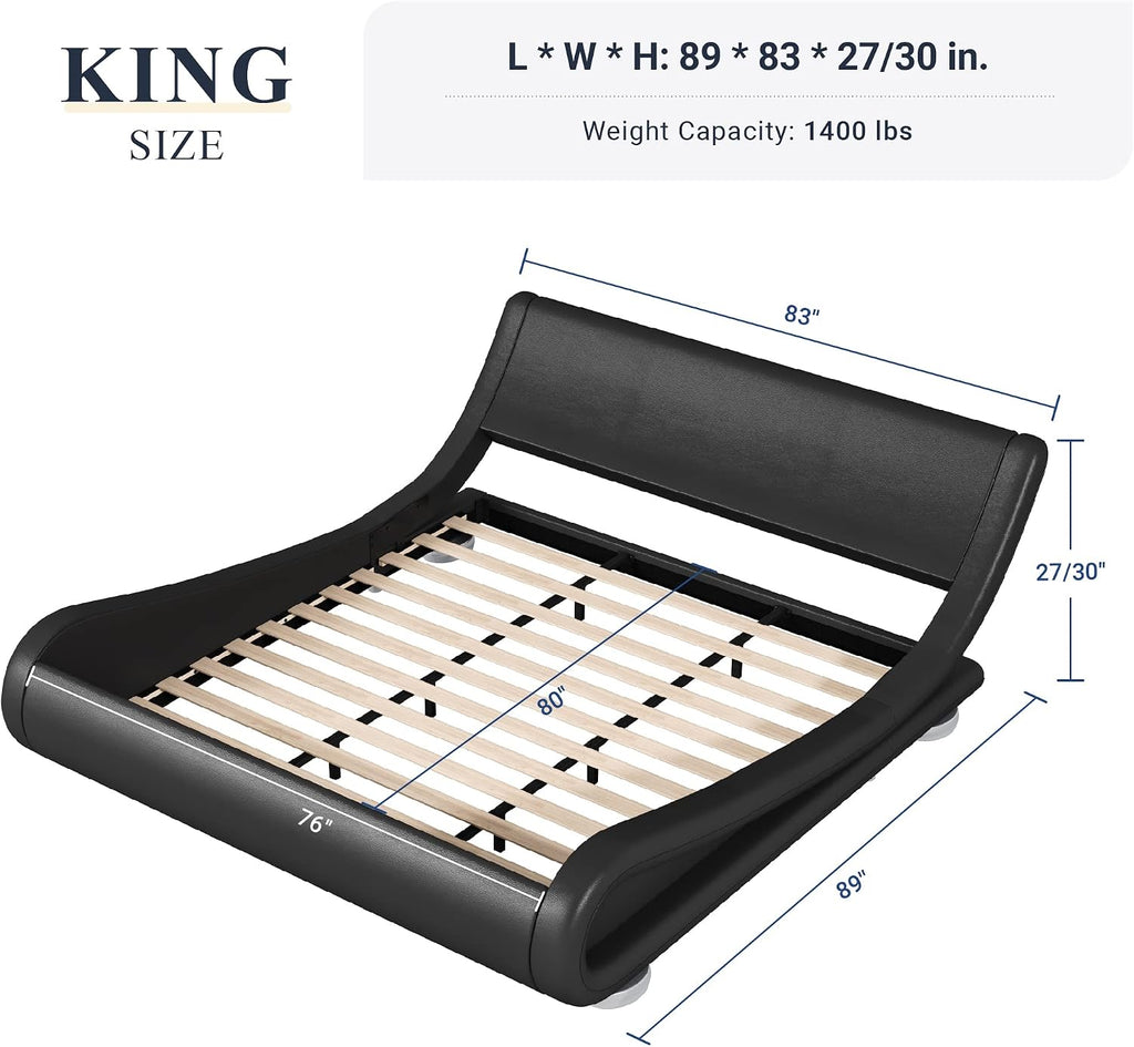 King Upholstered Sleigh Bed Frame with Adjustable Headboard, Black