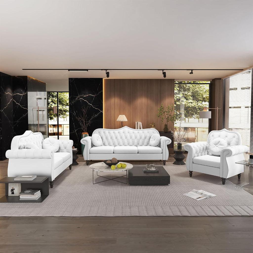 3-Piece Living Room Sectional Sofa Set, Mid-Century Modern Chesterfield Upholstered Velvet Sofa Couch, Classic Tufted Button White Couch with Nailhead Trim for Living Room, Office (White)