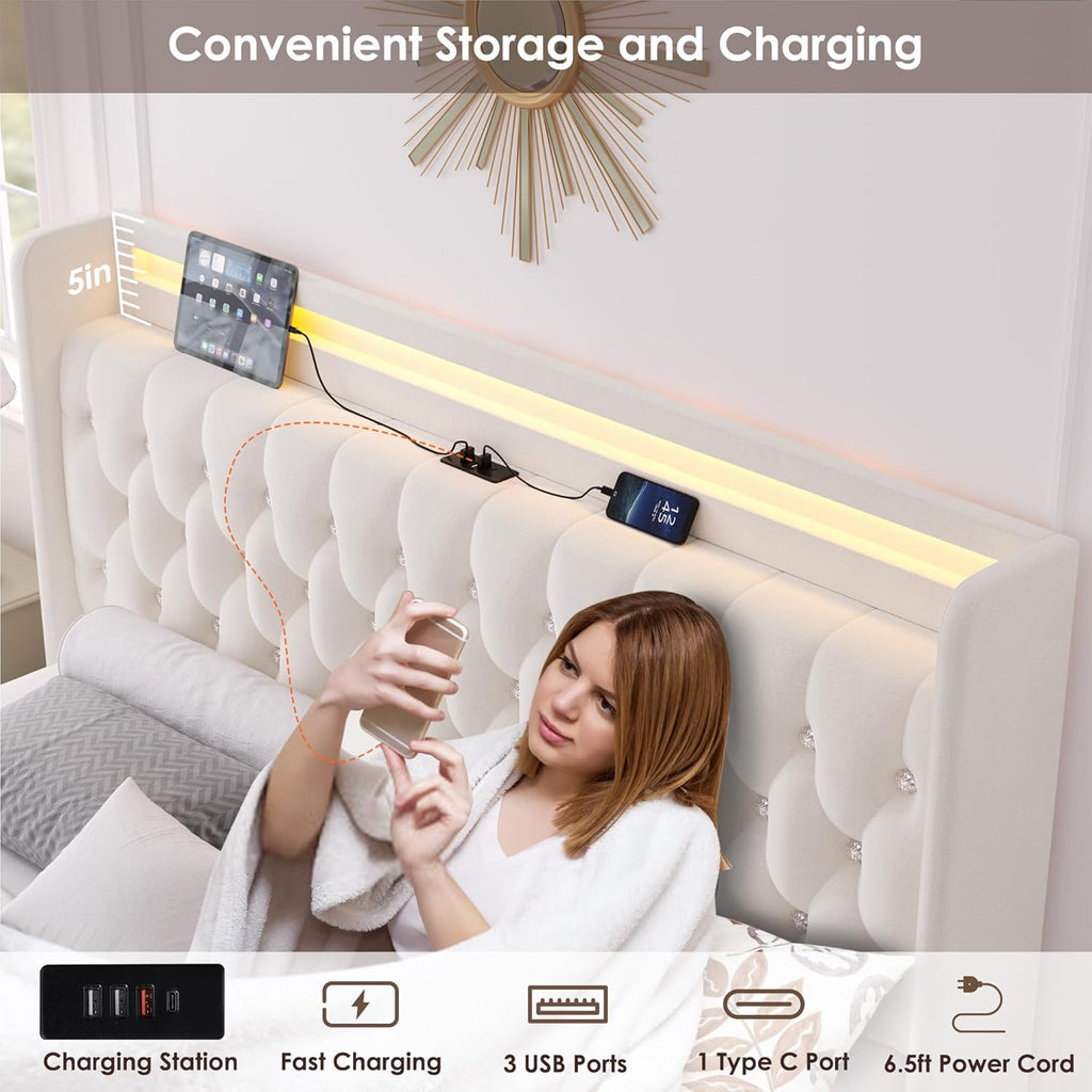 Upholstered Queen LED Bed Frame W/Storage & Charging Headboard, Beige