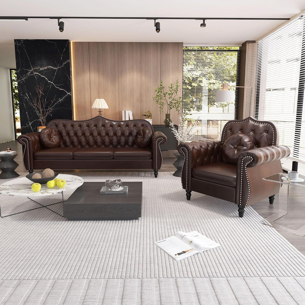 Chesterfield 2-Piece Living Room Sectional Sofa Set, Mid-Century Modern Upholstered PU Sofa Couch, Classic Tufted Button Sofa with Nailhead Trim for Living Room, Office (1+3 Seat Brown)