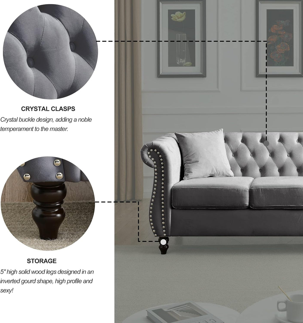80" 2 Piece 3-Seater Velvet Chesterfield Sofa for Living Room,Combination Sofa with 4 Pillows,Button Tufted Trimming Curved Backrest Rolled Arms with Black Legs (Grey, 80" 3+3 Seat Velvet Sofa Sets)