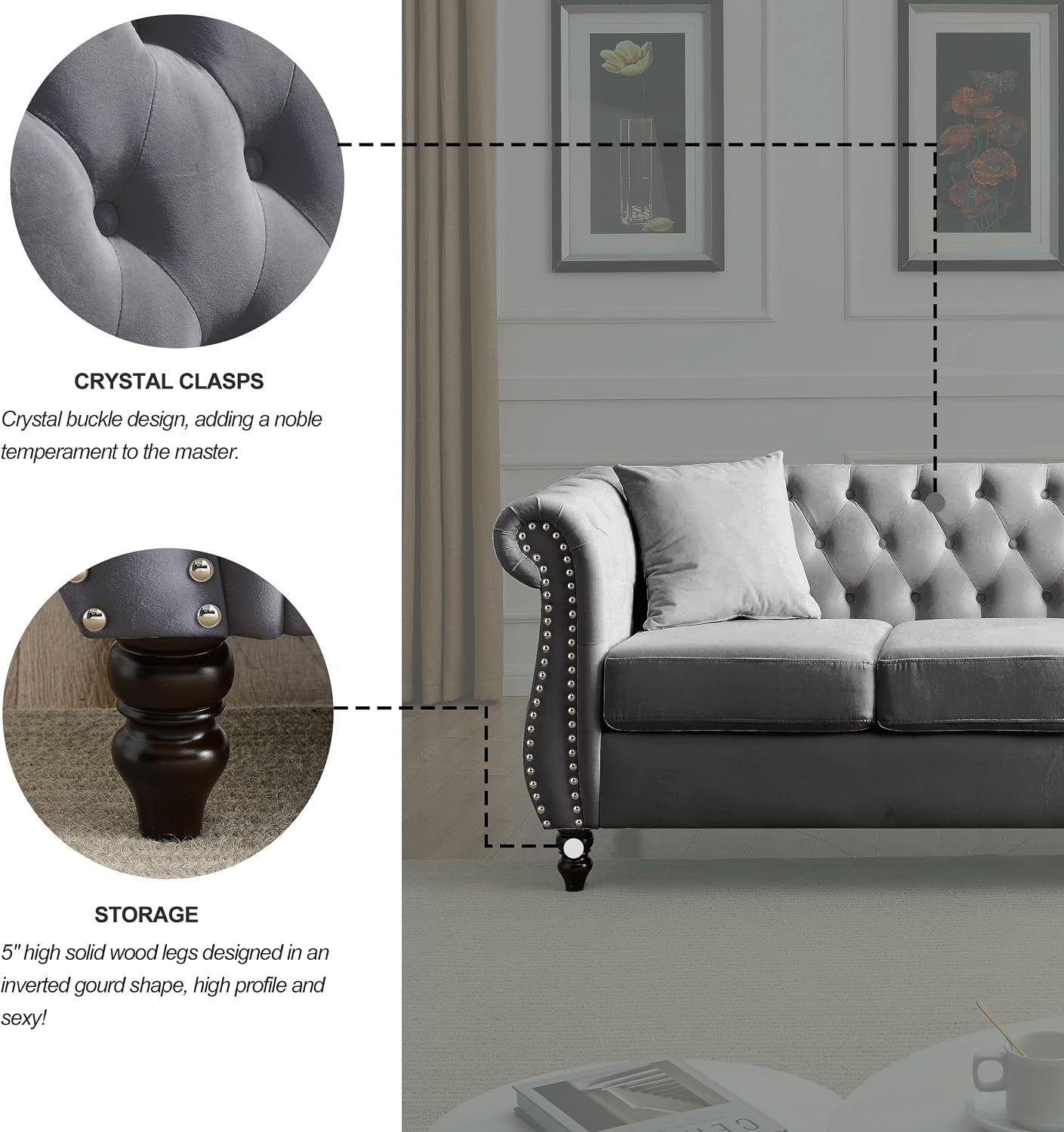 80" 2 Piece 3-Seater Velvet Chesterfield Sofa for Living Room,Combination Sofa with 4 Pillows,Button Tufted Trimming Curved Backrest Rolled Arms with Black Legs (Grey, 80" 3+3 Seat Velvet Sofa Sets)