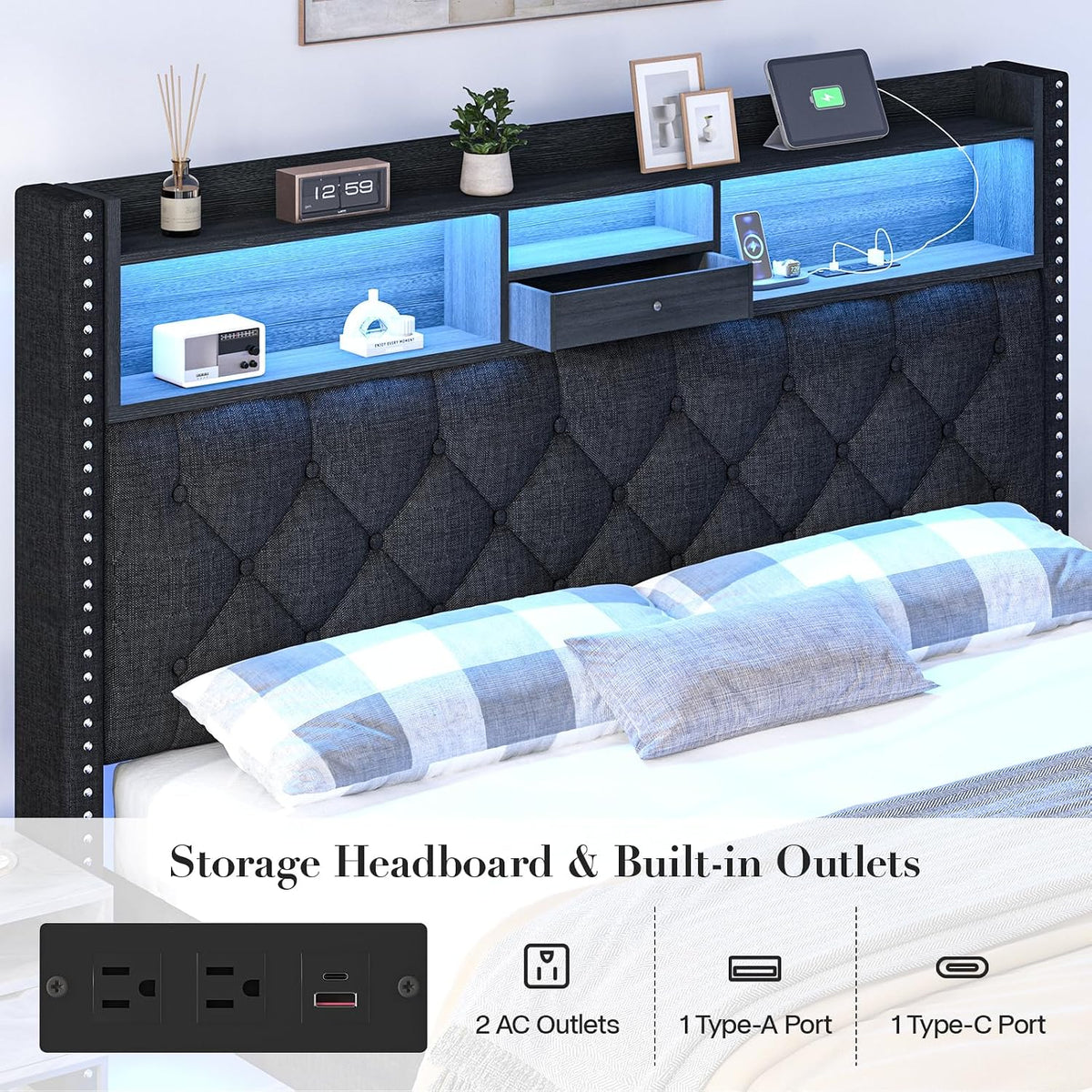 Queen Size Bed Frame, Linen Storage Headboard with LED Light & Charging Station, Upholstered Platform Bed with 2 Storage Drawers, Steel Slats Support, No Box Spring Needed, Black