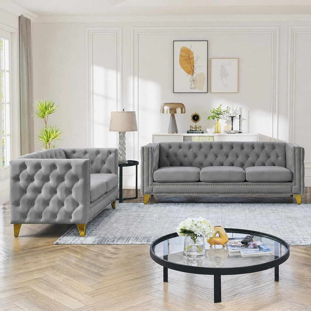 2 Piece Chesterfield Sofa, Velvet Couch and Loveseat Sets with Buttons Tufted, Mid Century Modern Couch with Nailhead Trim & Armrest, Couches for Living Room, Bedroom, Apartment(Grey,58''W+80.5''W)