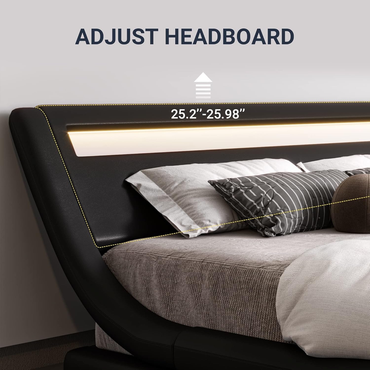 King Size LED Platform Bed Frame with Adjustable Headboard, Black