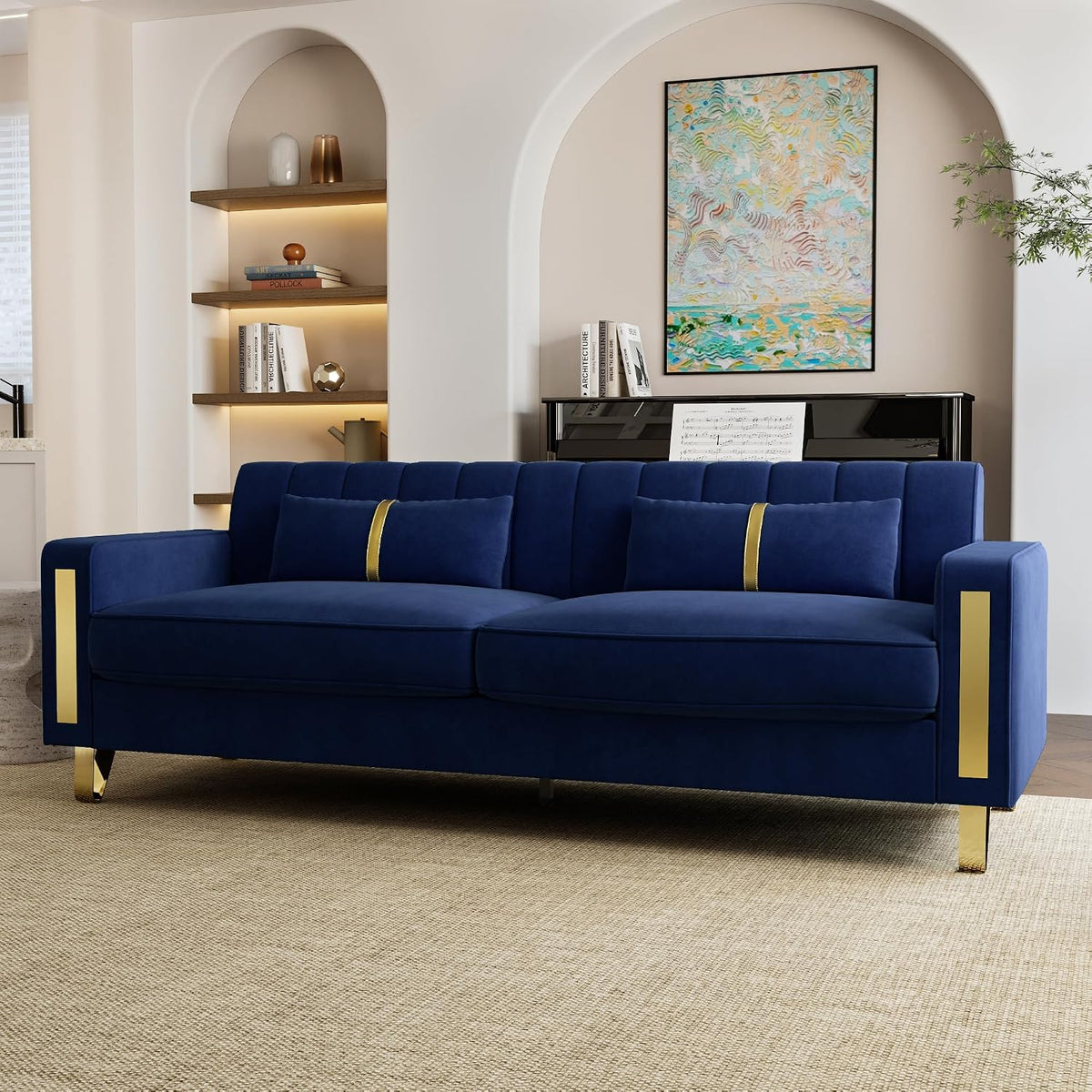 Loveseat Sofa for Living Room Set of 2, 2 Pcs 86" 3-Seater Velvet Sofa Couch with 2 Pillows & Gold Metal Legs, Modern Upholstered Sectional Love Seat Couch Set for Bedroom Apartment Home Office Blue