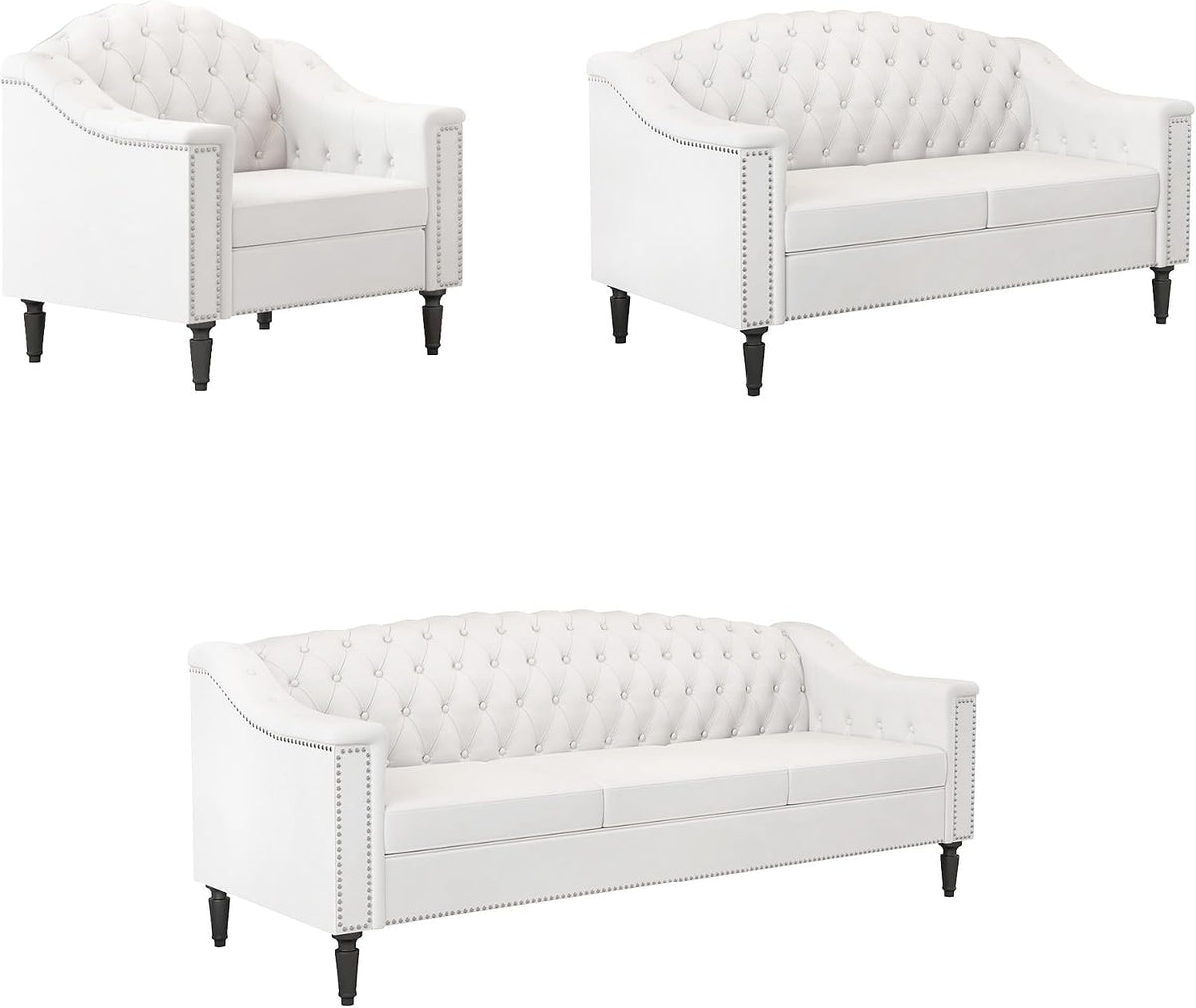 3-Piece Living Room Sofa Set, Chesterfield Sofa Mid-Century Modern Velvet Sofa, Upholstered Couch with Nailhead Trim and Button Tufted for Living Room, Office, Bedroom (1+2+3 Seat White)
