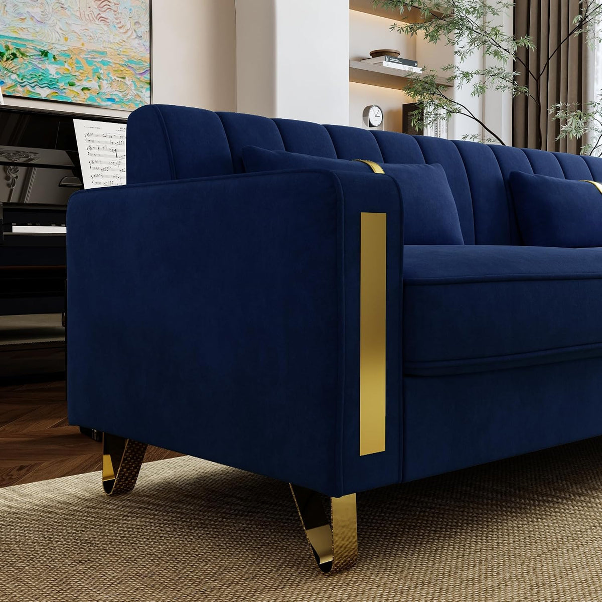 Loveseat Sofa for Living Room Set of 2, 2 Pcs 86" 3-Seater Velvet Sofa Couch with 2 Pillows & Gold Metal Legs, Modern Upholstered Sectional Love Seat Couch Set for Bedroom Apartment Home Office Blue