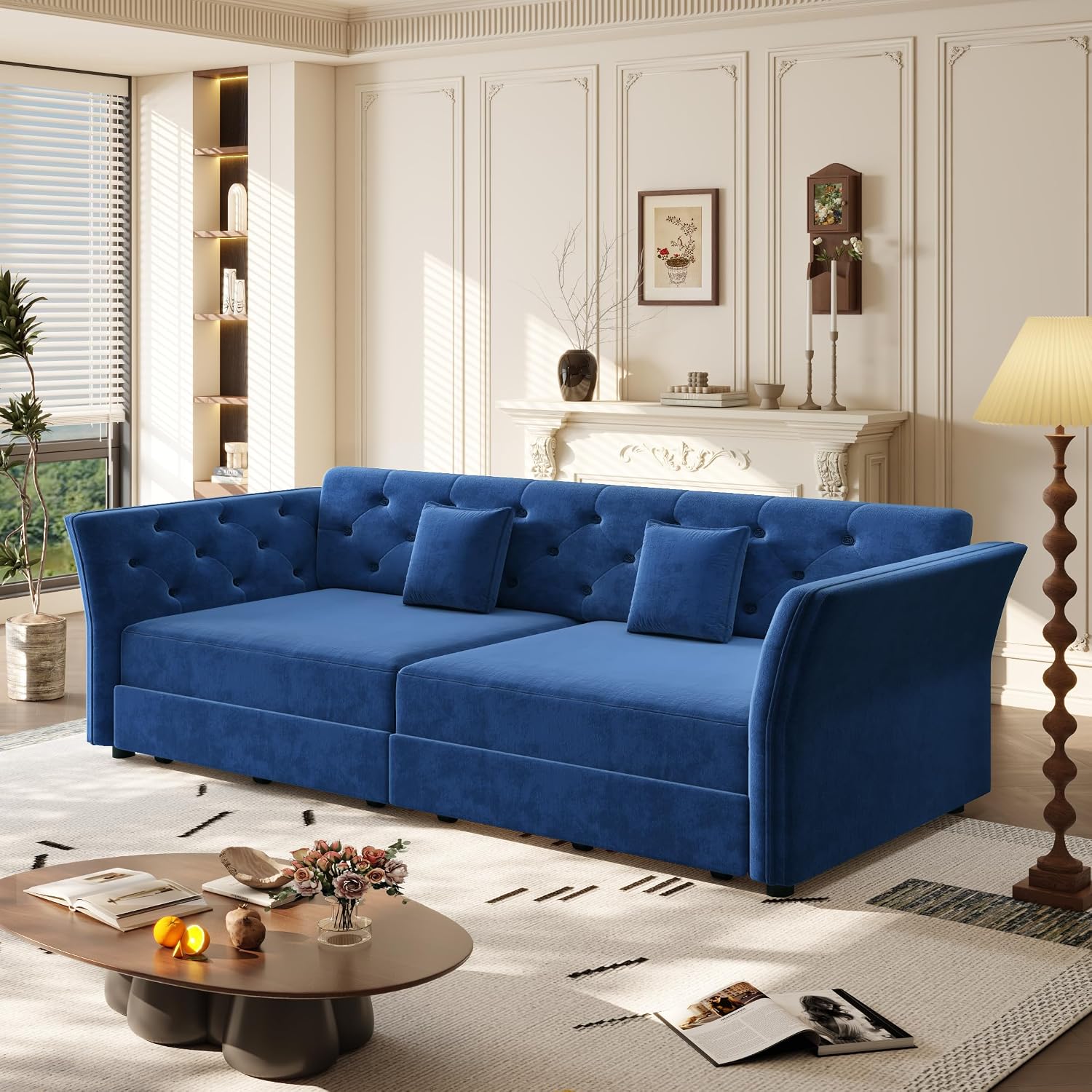 Sleeper Sofa Bed 100", Velvet Pull Out Couch, Flower Tufted Sofa, Blue