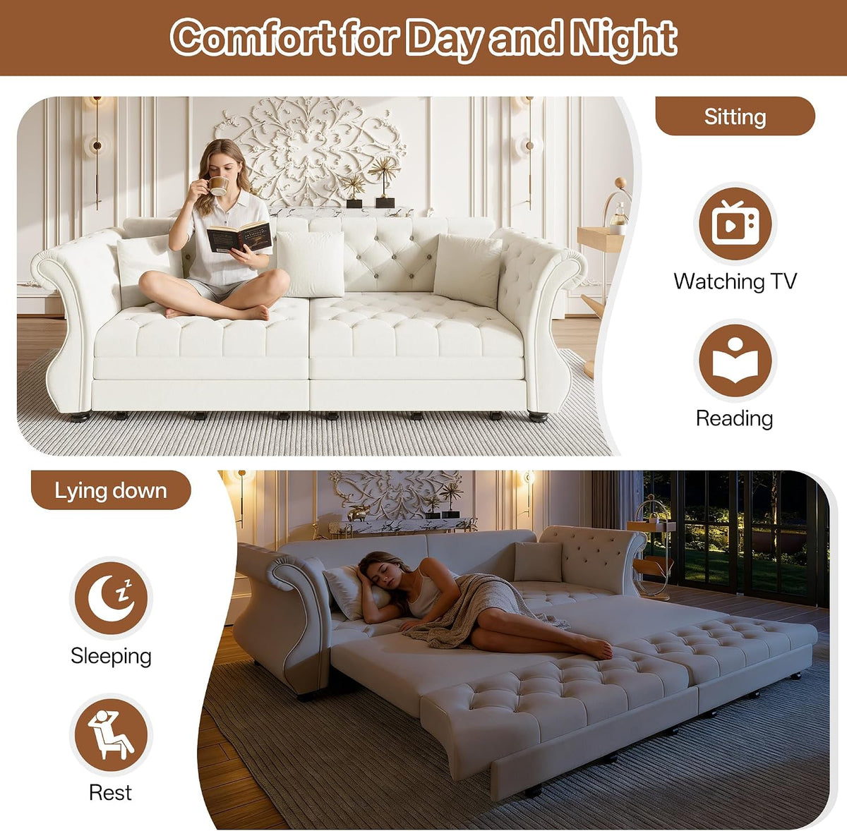 Sleeper Sofa Bed 100", Velvet Pull Out Couch, Flower Tufted Sofa, Beige