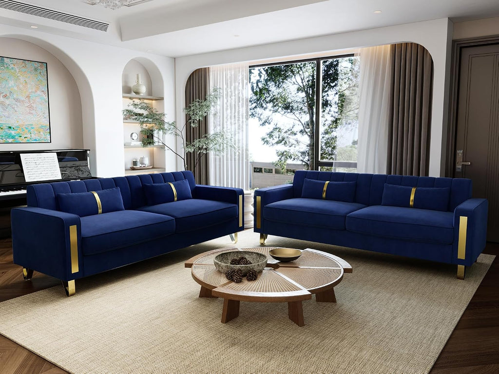 Loveseat Sofa for Living Room Set of 2, 2 Pcs 86" 3-Seater Velvet Sofa Couch with 2 Pillows & Gold Metal Legs, Modern Upholstered Sectional Love Seat Couch Set for Bedroom Apartment Home Office Blue