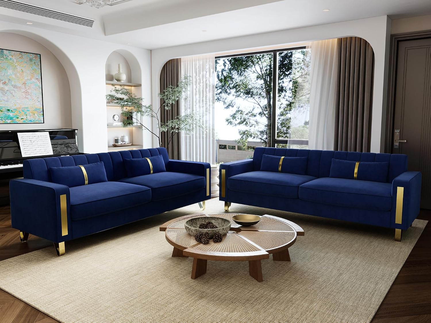 Loveseat Sofa for Living Room Set of 2, 2 Pcs 86" 3-Seater Velvet Sofa Couch with 2 Pillows & Gold Metal Legs, Modern Upholstered Sectional Love Seat Couch Set for Bedroom Apartment Home Office Blue