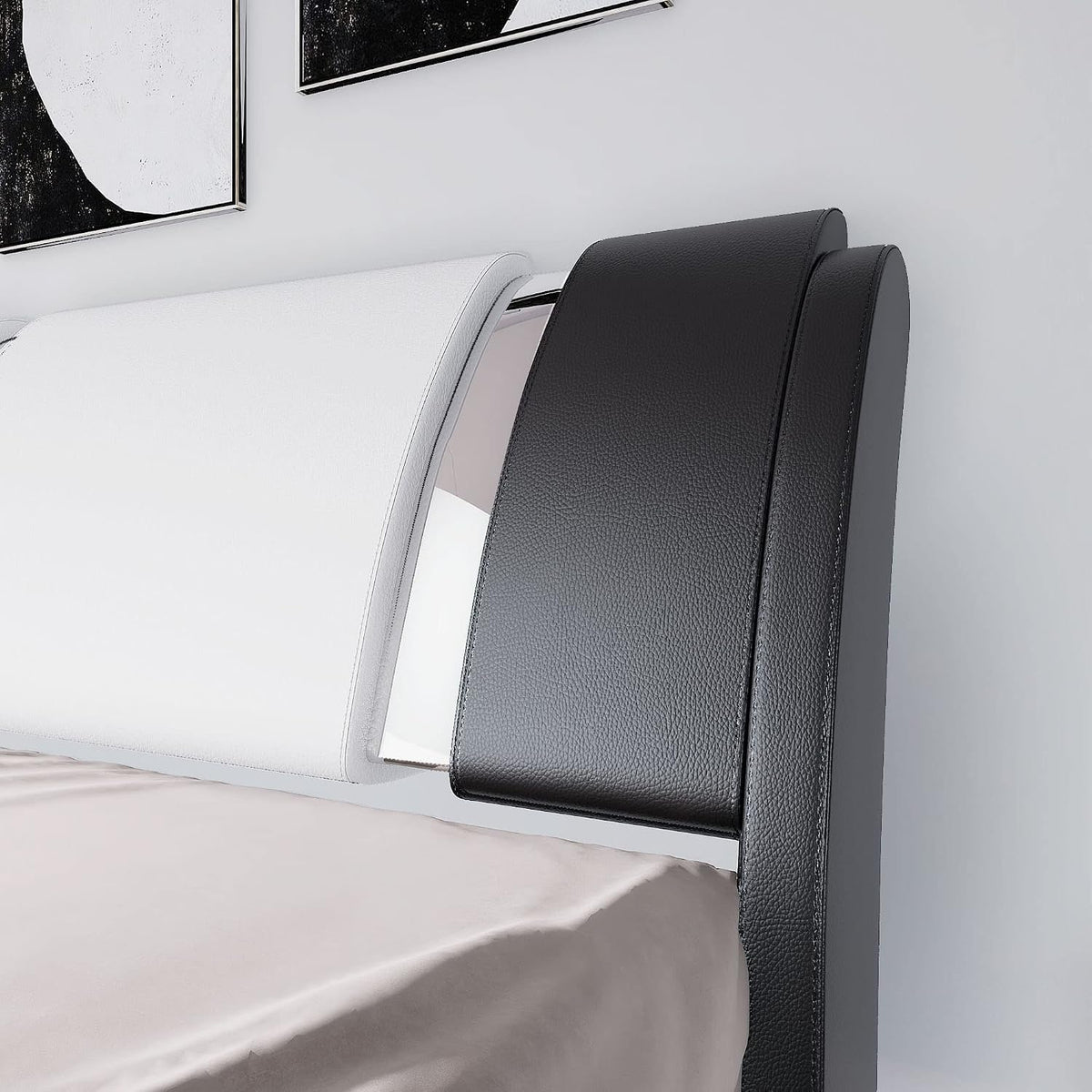 King Bed Frame with Iron Piece, Faux Leather, White & Black