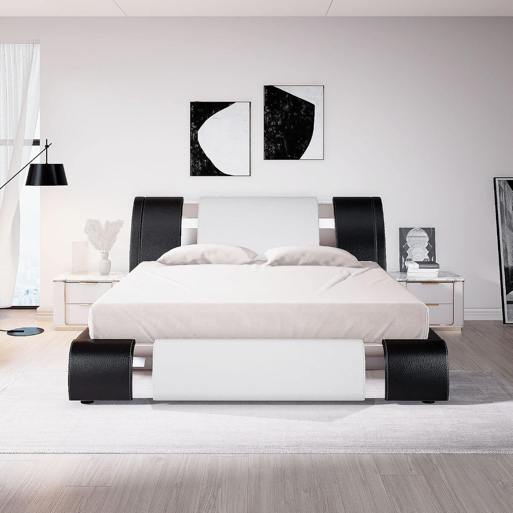 King Bed Frame with Iron Piece, Faux Leather, White & Black