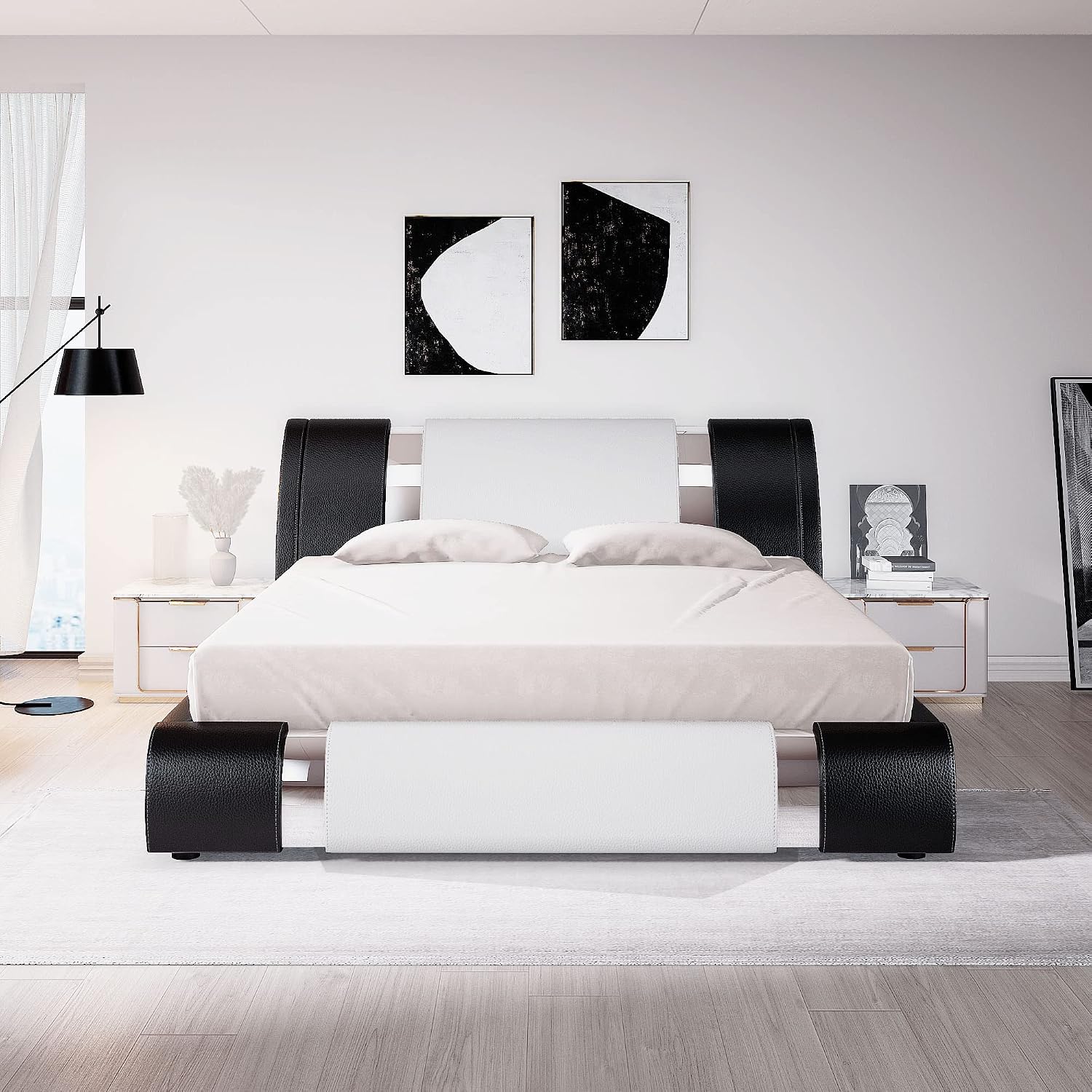 King Bed Frame with Iron Piece, Faux Leather, White & Black