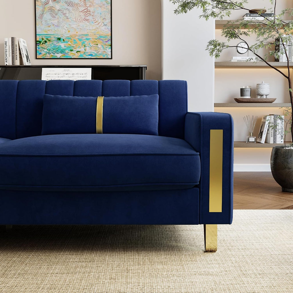 Loveseat Sofa for Living Room Set of 2, 2 Pcs 86" 3-Seater Velvet Sofa Couch with 2 Pillows & Gold Metal Legs, Modern Upholstered Sectional Love Seat Couch Set for Bedroom Apartment Home Office Blue