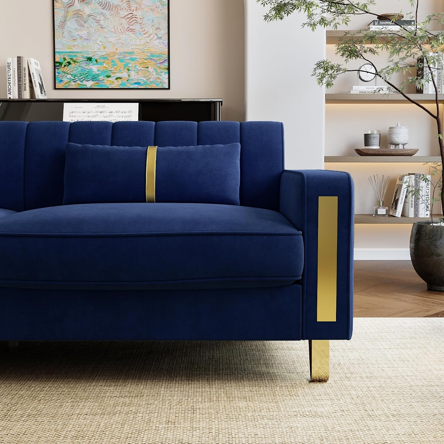 Loveseat Sofa for Living Room Set of 2, 2 Pcs 86" 3-Seater Velvet Sofa Couch with 2 Pillows & Gold Metal Legs, Modern Upholstered Sectional Love Seat Couch Set for Bedroom Apartment Home Office Blue