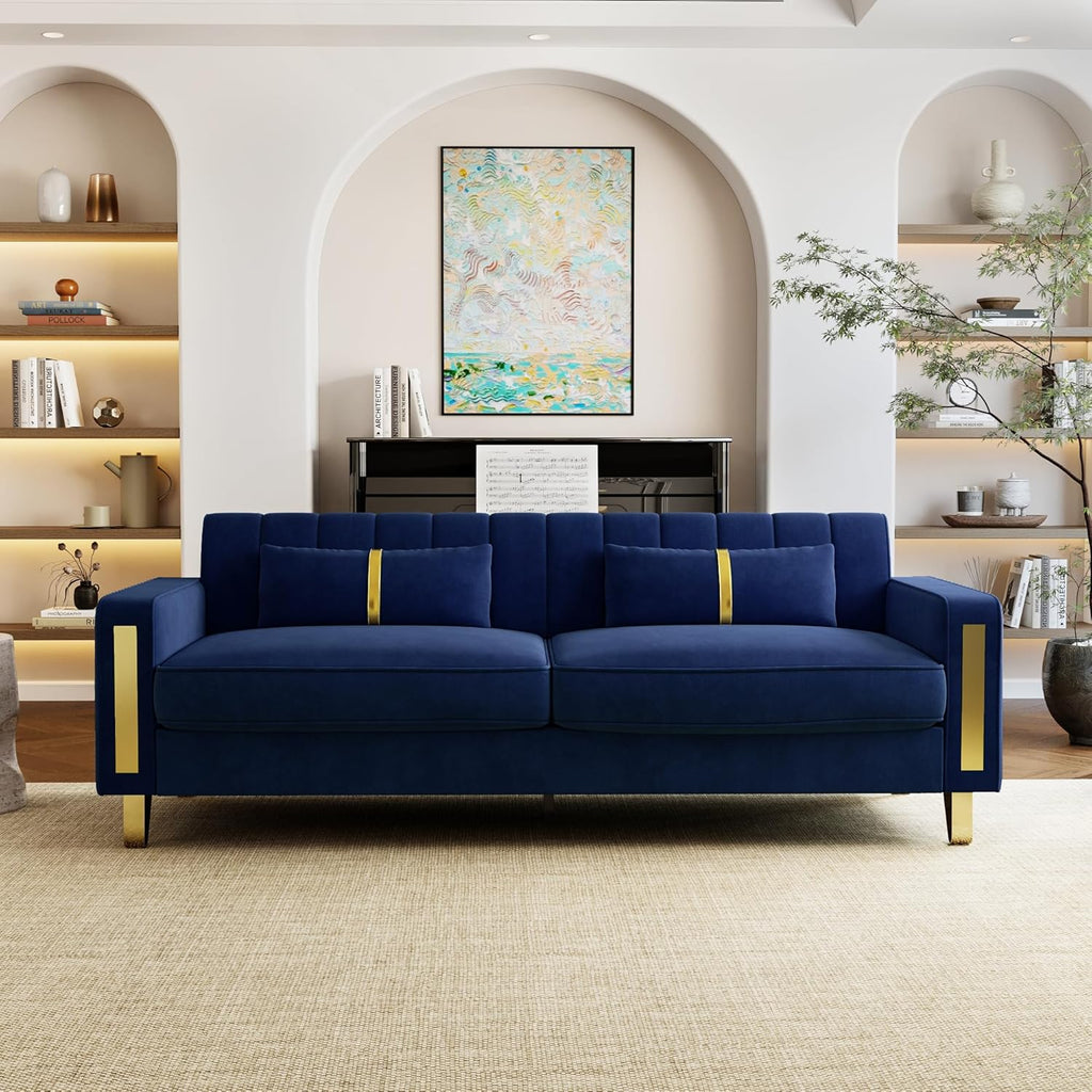 Loveseat Sofa for Living Room Set of 2, 2 Pcs 86" 3-Seater Velvet Sofa Couch with 2 Pillows & Gold Metal Legs, Modern Upholstered Sectional Love Seat Couch Set for Bedroom Apartment Home Office Blue