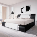 King Bed Frame with Iron Piece, Faux Leather, White & Black