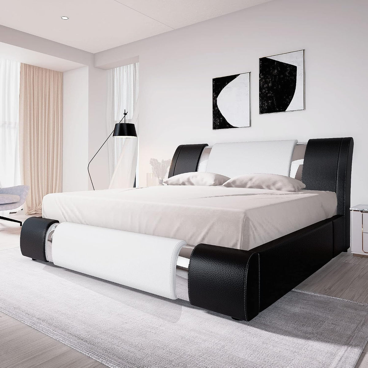 King Bed Frame with Iron Piece, Faux Leather, White & Black