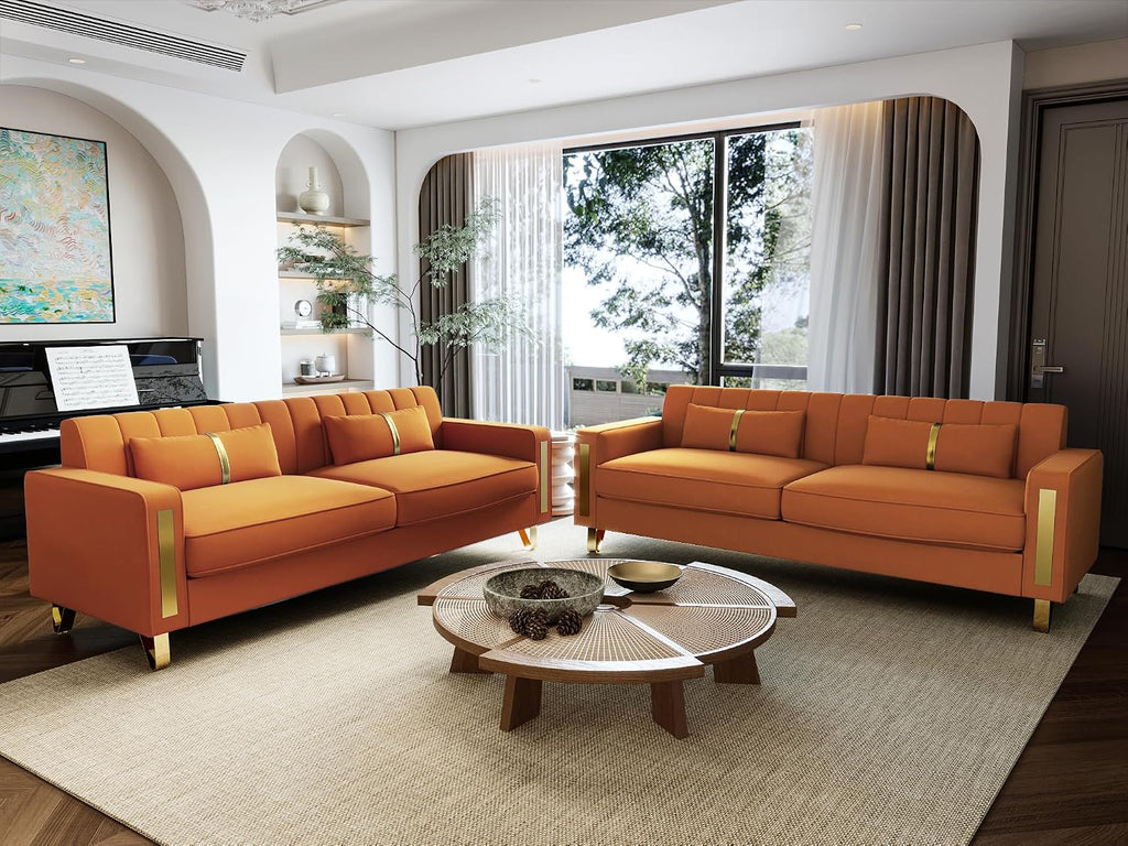 Loveseat Sofa for Living Room Set of 2, 2 Pcs 86" 3-Seater Velvet Sofa Couch with 2 Pillows & Gold Metal Legs, Modern Upholstered Sectional Love Seat Couch Set for Bedroom Apartment Home Office Orange