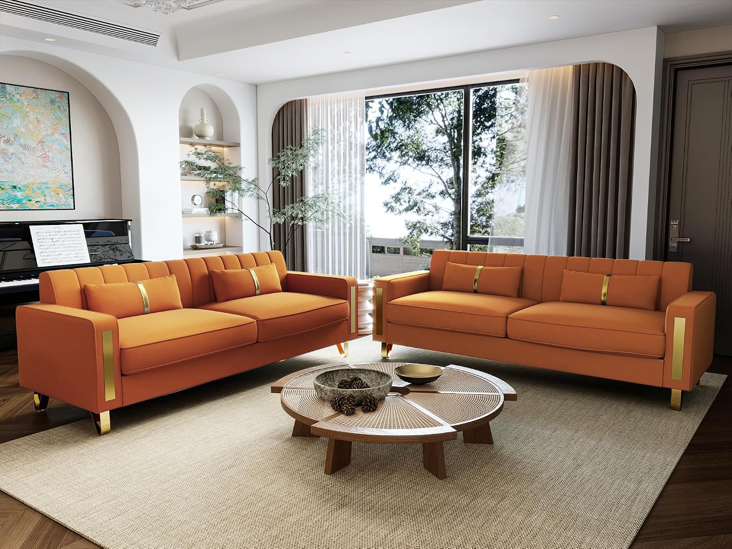 Loveseat Sofa for Living Room Set of 2, 2 Pcs 86" 3-Seater Velvet Sofa Couch with 2 Pillows & Gold Metal Legs, Modern Upholstered Sectional Love Seat Couch Set for Bedroom Apartment Home Office Orange