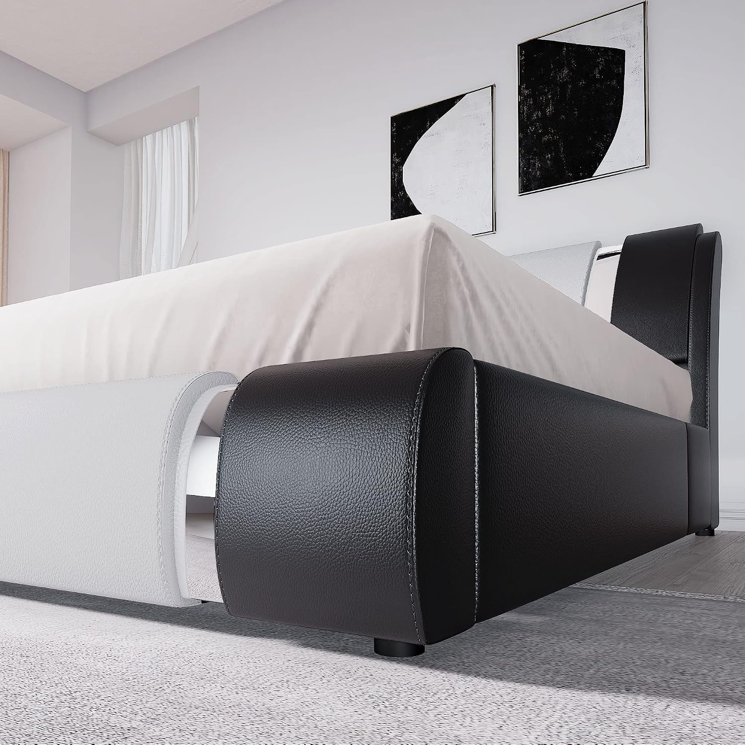 King Bed Frame with Iron Piece, Faux Leather, White & Black