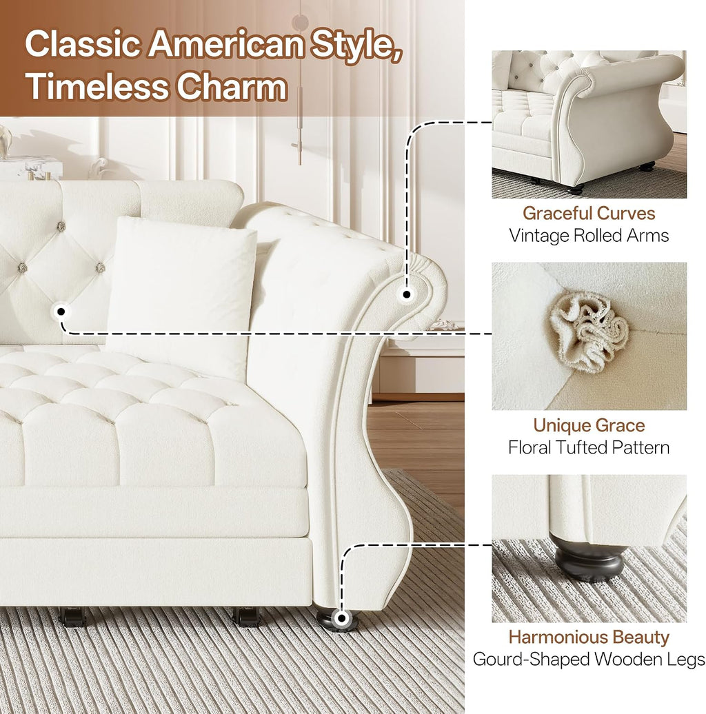 Sleeper Sofa Bed 100", Velvet Pull Out Couch, Flower Tufted Sofa, Beige