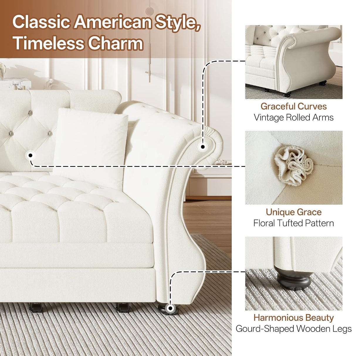 Sleeper Sofa Bed 100", Velvet Pull Out Couch, Flower Tufted Sofa, Beige