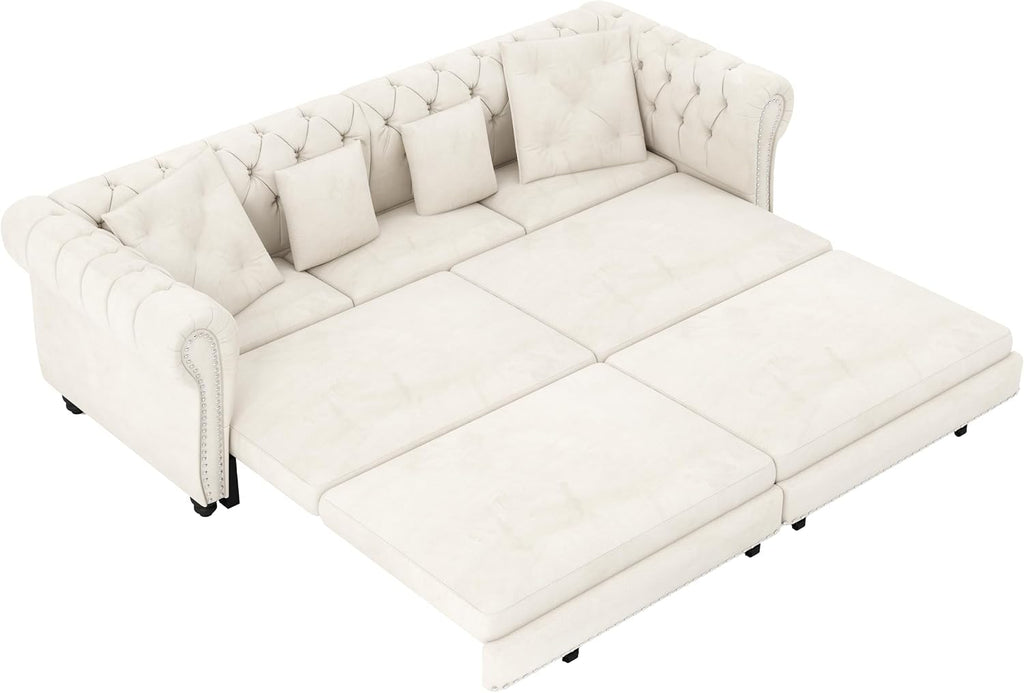 89" King Size Sleeper Sofa Bed, 3-In-1 Convertible Pull Out Chesterfield Sleeper Couch with Ottoman, Oversized Velvet Button Tufted L Shaped Sofa for Living Room Small Spaces, Beige White