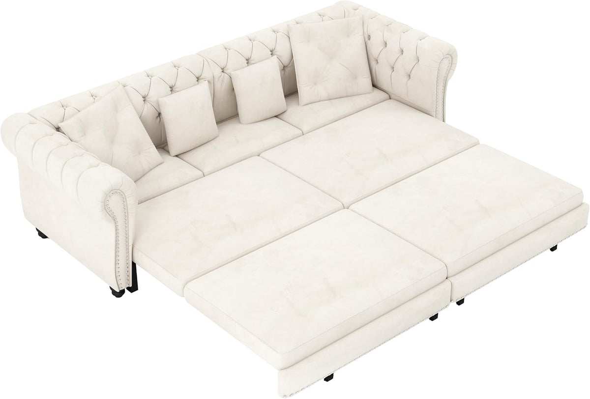 89" King Size Sleeper Sofa Bed, 3-In-1 Convertible Pull Out Chesterfield Sleeper Couch with Ottoman, Oversized Velvet Button Tufted L Shaped Sofa for Living Room Small Spaces, Beige White
