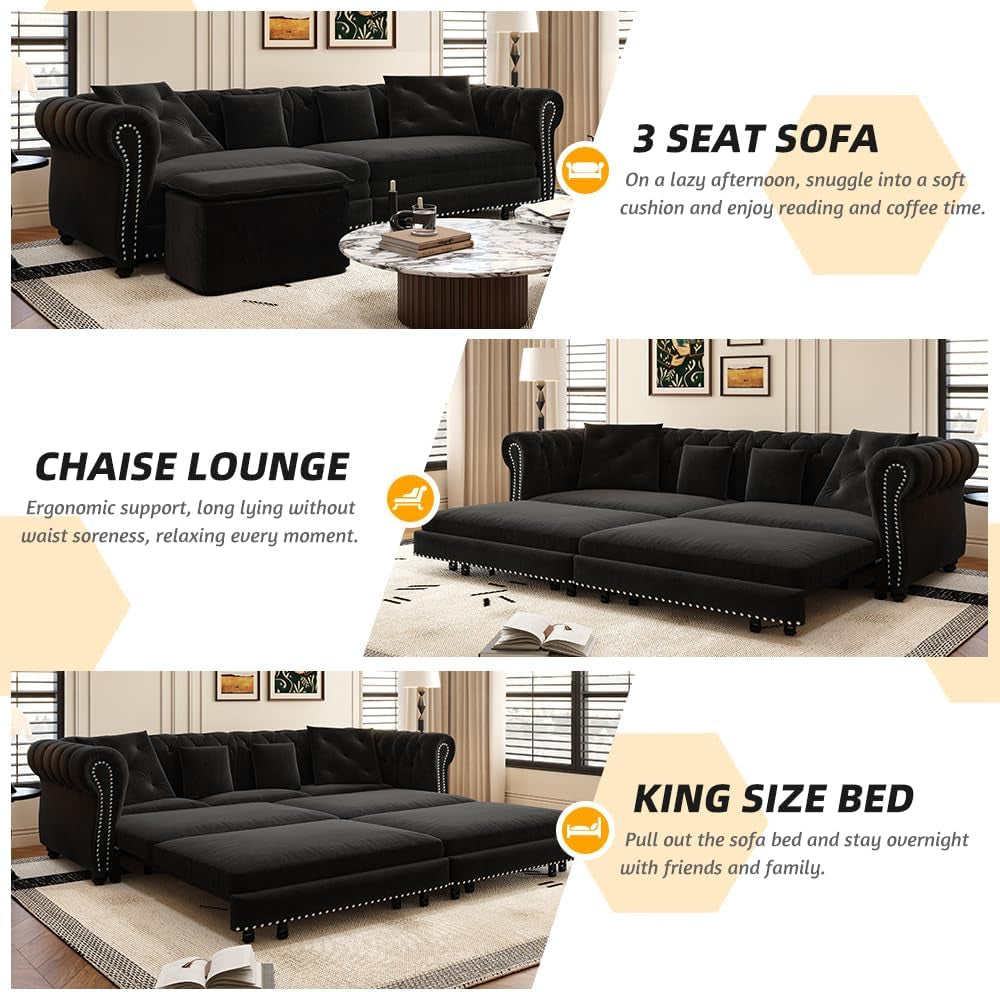 89" King Size Sleeper Sofa Bed, 3-In-1 Convertible Pull Out Chesterfield Sleeper Couch with Ottoman, Oversized Velvet Button Tufted L Shaped Sofa for Living Room Small Spaces (Black)