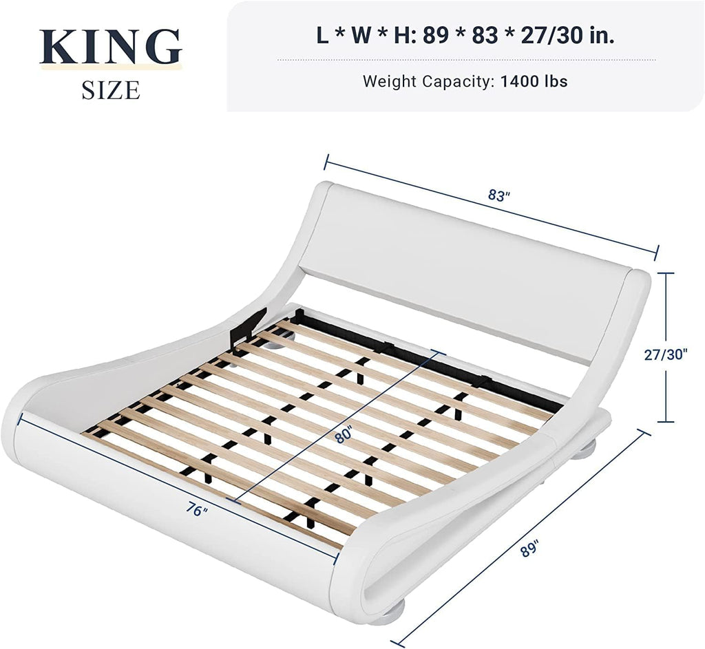 King Upholstered Sleigh Bed Frame with Adjustable Headboard, White