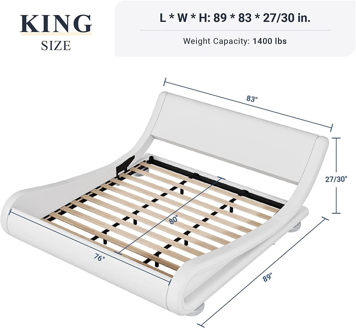 King Upholstered Sleigh Bed Frame with Adjustable Headboard, White