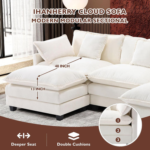 111.4" U Shaped Cloud Couch Modern Modular Sectional Sofa with 2 Ottoman, 5-Seat Chenille Deep Seat Sofa with 5 Pillows for Living Room, Bedroom and Apartment, Beige