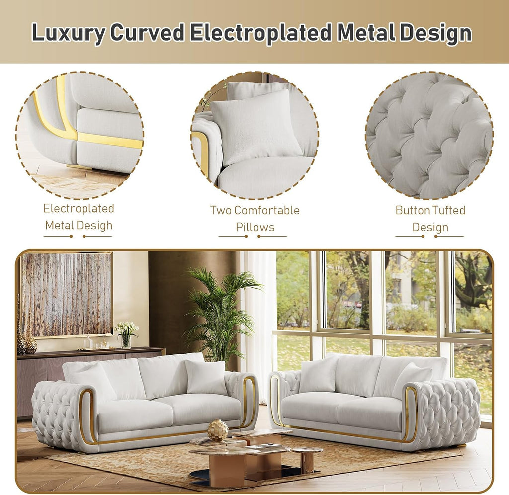 86"&86" Luxury Oversized Velvet Chesterfield Sofa Set,Beige and Gold Couch