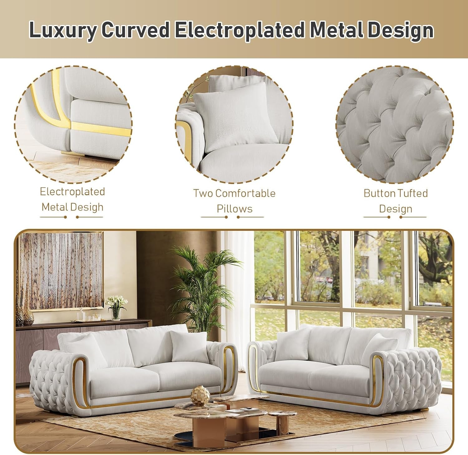 86"&86" Luxury Oversized Velvet Chesterfield Sofa Set,Beige and Gold Couch