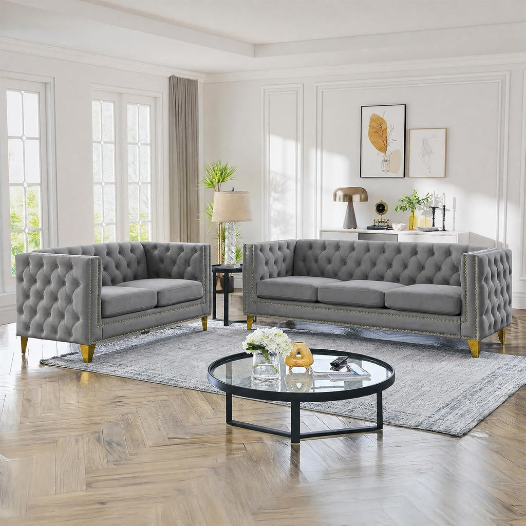2 Piece Chesterfield Sofa, Velvet Couch and Loveseat Sets with Buttons Tufted, Mid Century Modern Couch with Nailhead Trim & Armrest, Couches for Living Room, Bedroom, Apartment(Grey,58''W+80.5''W)