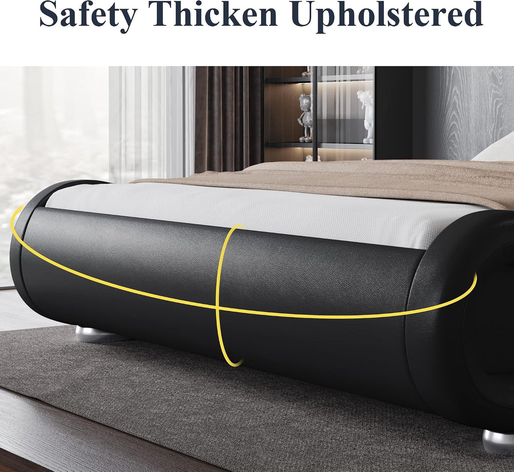 King Upholstered Sleigh Bed Frame with Adjustable Headboard, Black