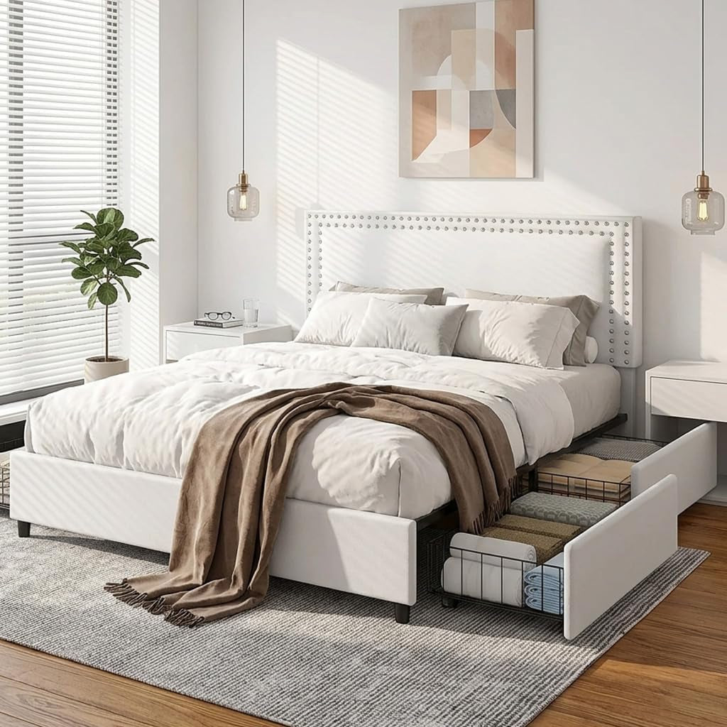 Queen Size Upholstered Bed Frame with 4 Storage Drawers, Adjustable Velvet Rivet Decor Headboard, Wooden Slats Platform Support, No Box Spring Needed, Easy Assembly,White