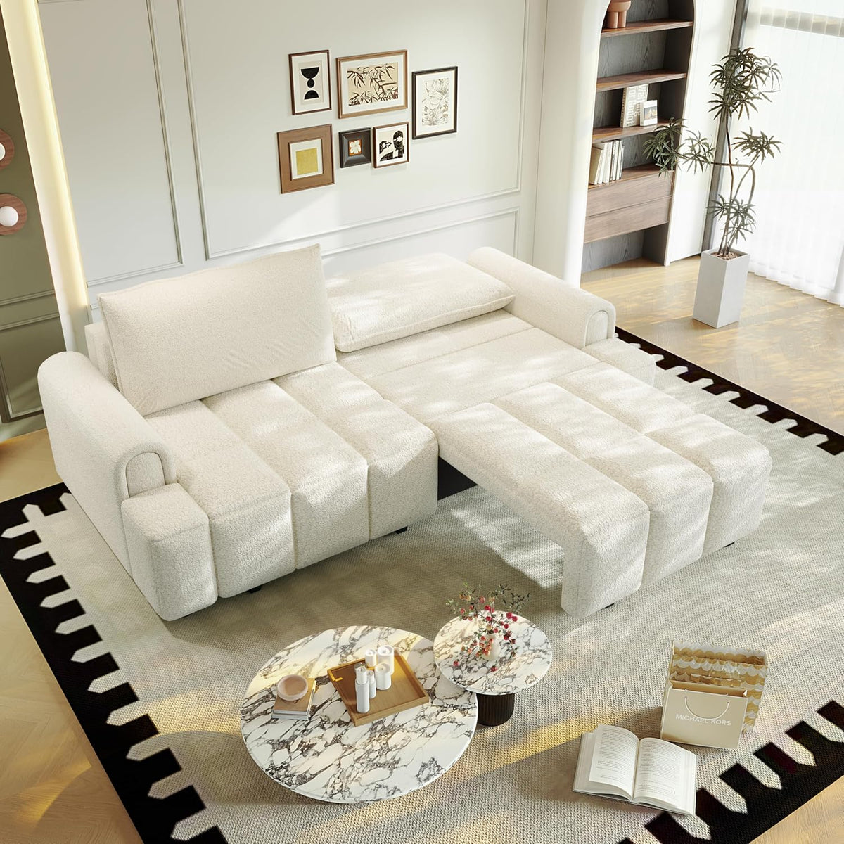 90.2" 4-Seater Modern Convertible Sofa Bed – Teddy Fabric Couch with Storage Seats, King Size 3-In-1 Sleeper Sofa for Living Room, Recliner Couch, Comfortable Sofa Bed for Families & Guests
