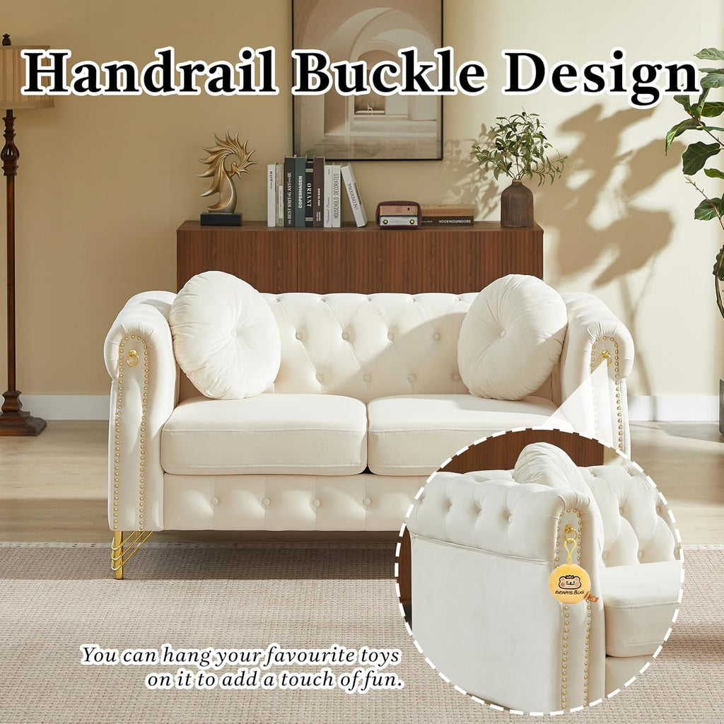 2 Pieces Velvet Chesterfield 82" 3-Seater and 61" Loveseat Sofa Sets with Two Pillows, Featuring Copper Stud Detailing (Beige, 2 Pieces 82" 3-Seater and 61" Loveseat Sofa Sets)