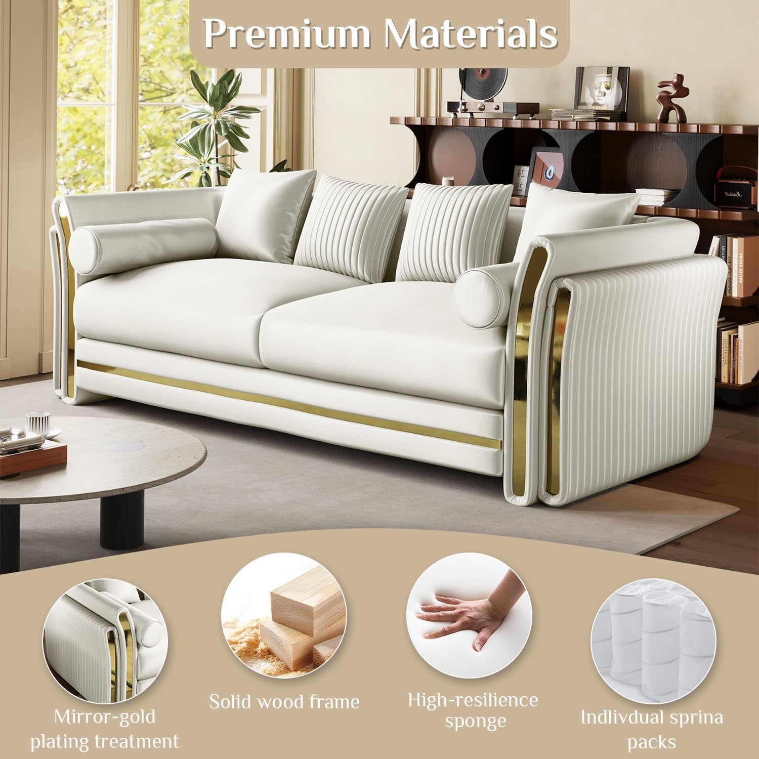 Luxury Chesterfield Loveseat and Sofa Set, Tufted Velvet Gold Couch, White