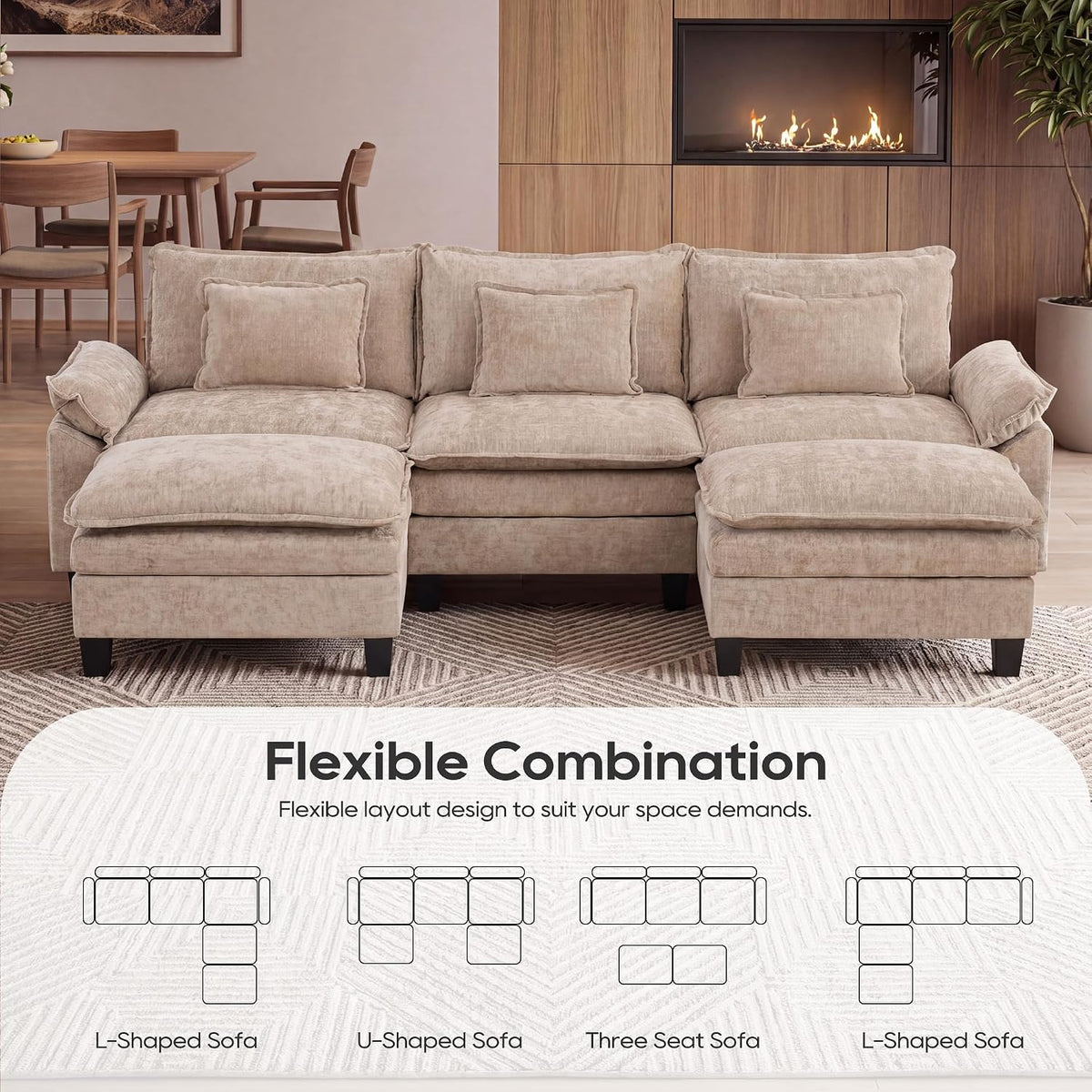 Oversized Modular Sectional Sofa，Khaki：122" U Shaped