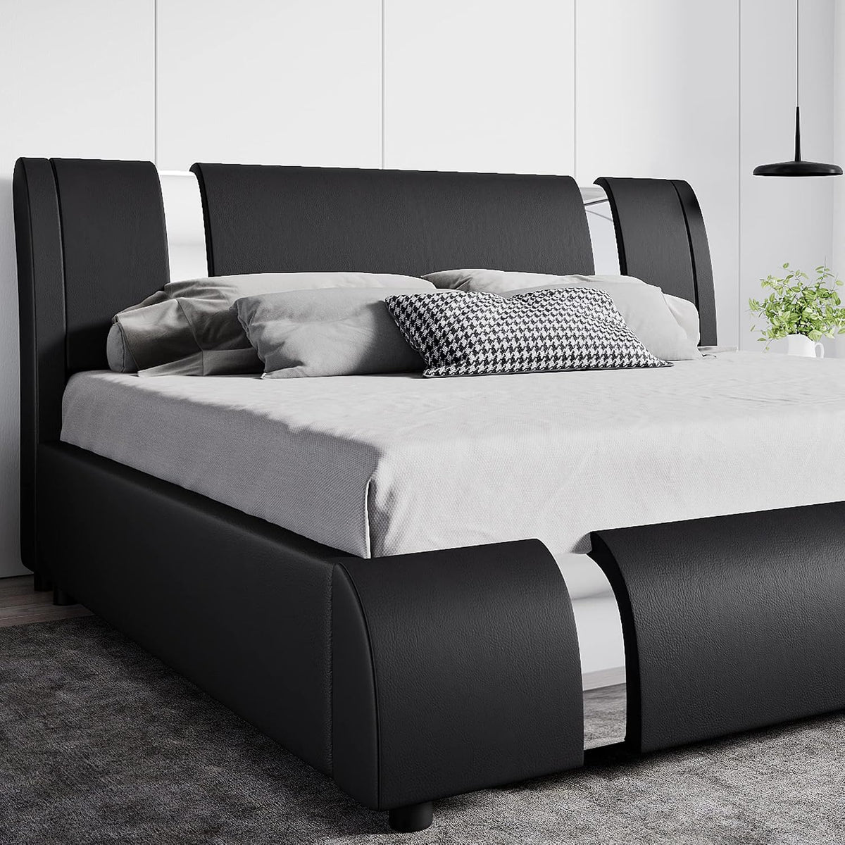 King Bed Frame with Iron Pieces Decor, Faux Leather, Black