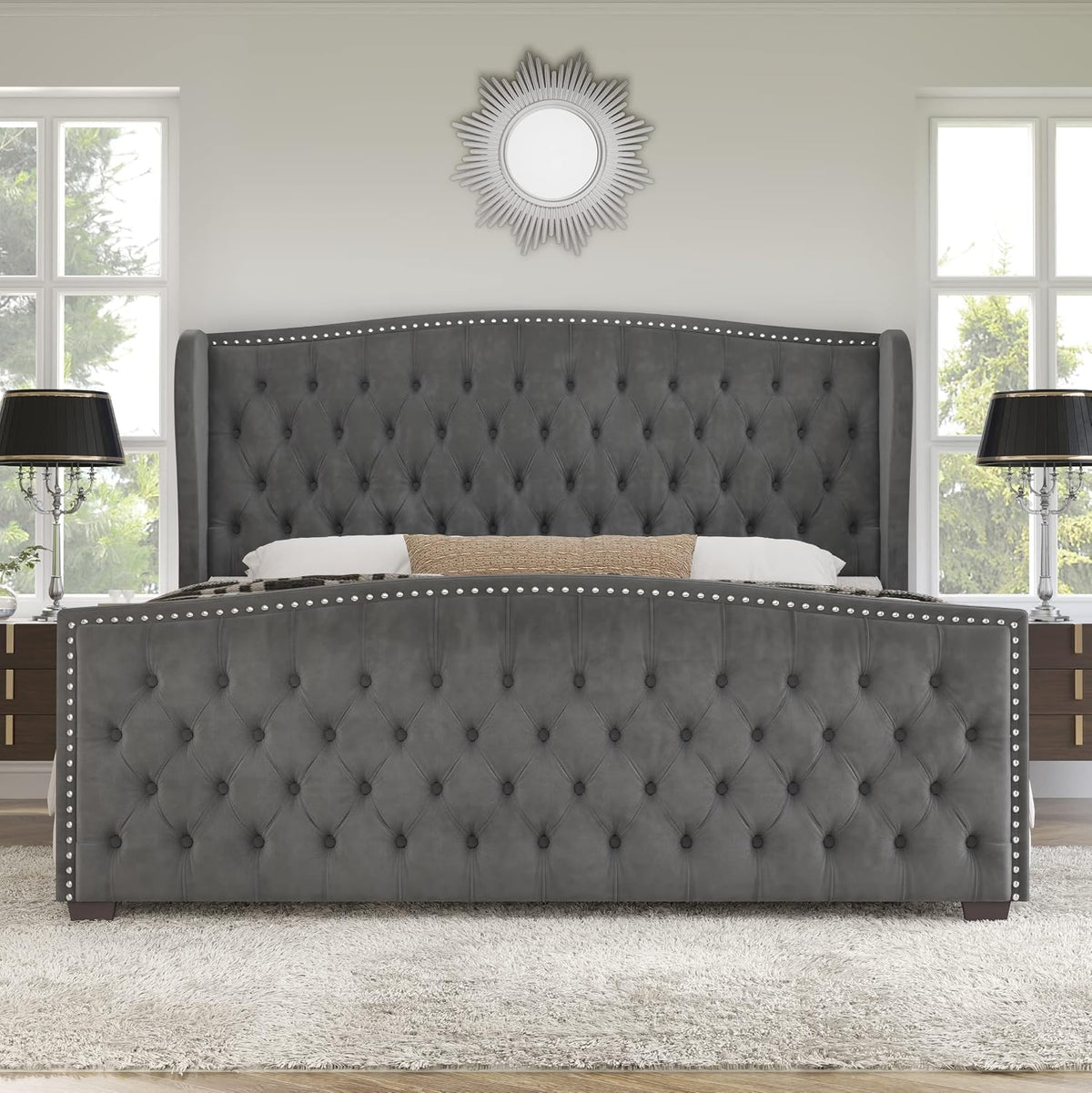 Queen Size Bed Frame with Velvet Upholstered Wingback Headboard