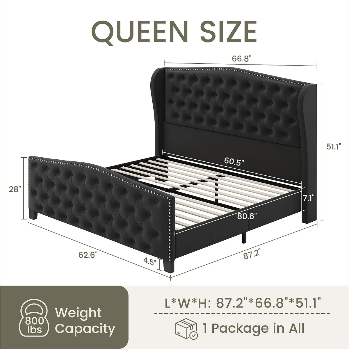 Queen Size Bed Frame Velvet Upholstered Platform Bed with Wingback Headboard & Footbaord, Deep Button Tufted Bed Frame with Wood Slats Support, No Box Spring Needed, Black